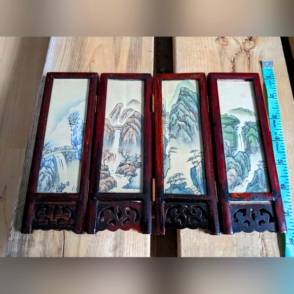 Antique Japanese 4-Panel Folding Screen. Hand Carved/Pained | + 3 extra Panels - Picture 5 of 12